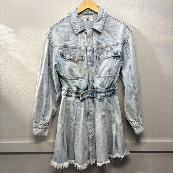 Free People Chain of Command Acid Wash Denim Long Sleeve Mini Dress Sz Small - Picture 2 of 7